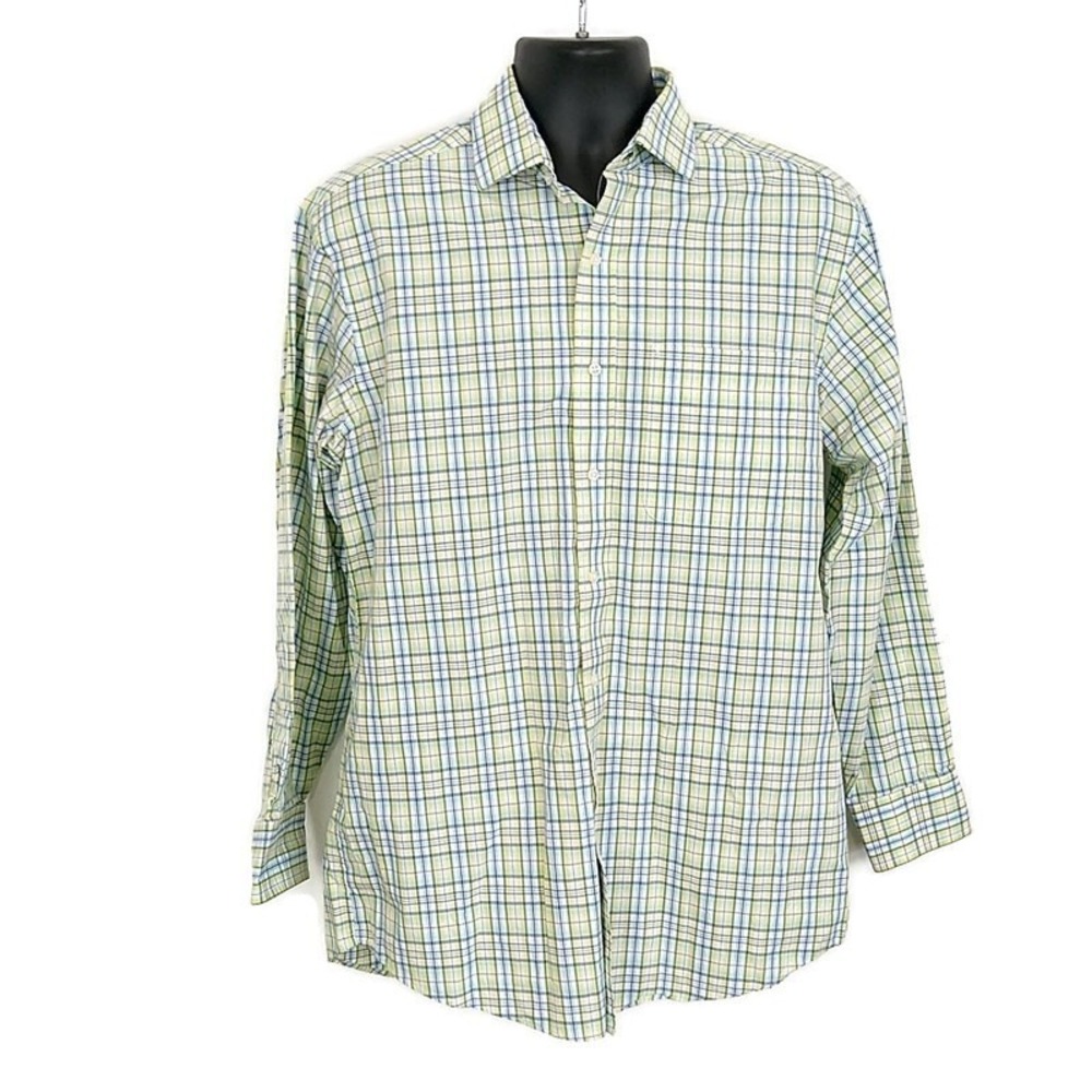 Tommy Hilfiger Plaid Button Front Shirt Green Blue Regular Fit 15.5 32-33